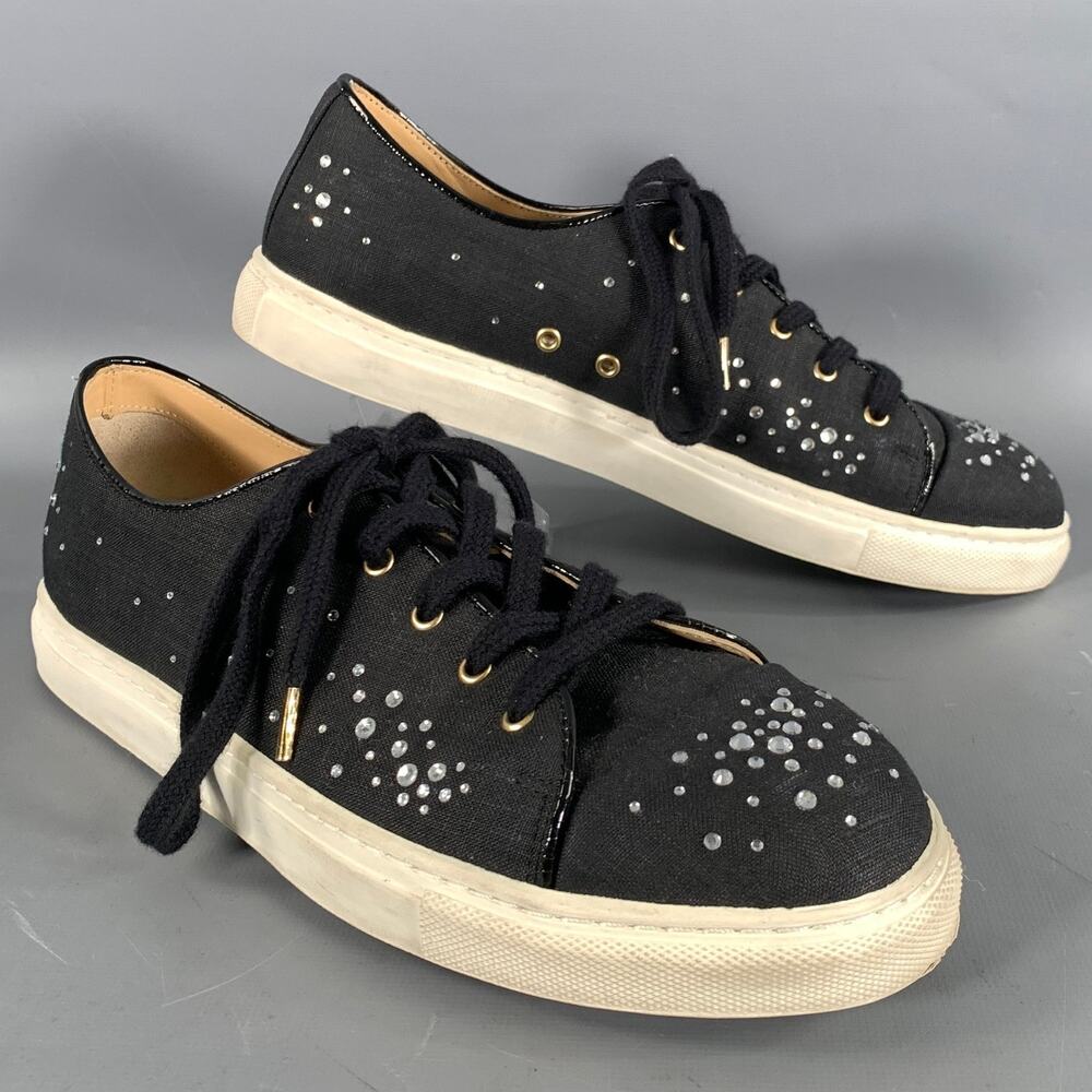 CHARLOTTE OLYMPIA Size 9 Black Canvas Bedazzled Toe Cap Sneakers
